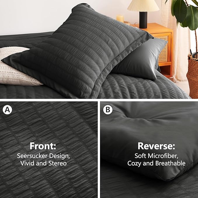CozyLux California King Comforter Set with Sheets 7 Pieces Dark Grey Seersucker Bed in a Bag, Dark Gray Cal King All Season Bedding Set Gift, Down Alternative Comforter, Sheets, Pillowcases & Shams