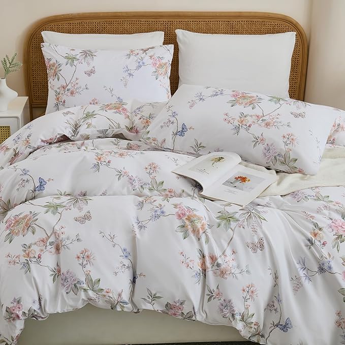 100% Cotton Duvet Cover Queen Size – Elegant French Romantic Floral Duvet Cover Set with Zipper Closure, 3-Piece Soft Breathable Durable Percale Cotton Bedding Set for All Seasons