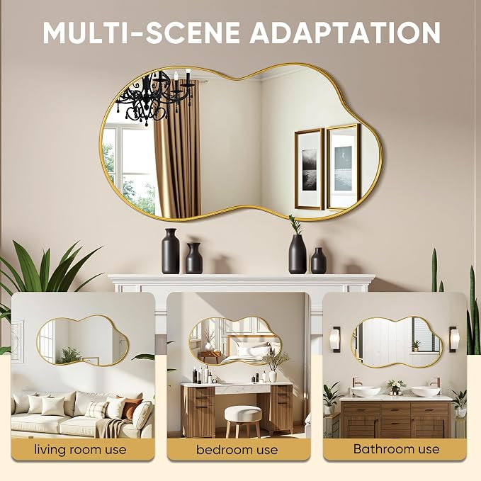 Suidia Irregular Wall Mirror, 36"x24" Bathroom Mirror Asymmetrical Mirrors Artistic Mirrors Decorative for Living Room Bedroom Bathroom Hallway Entryway, Gold, Cloud Style