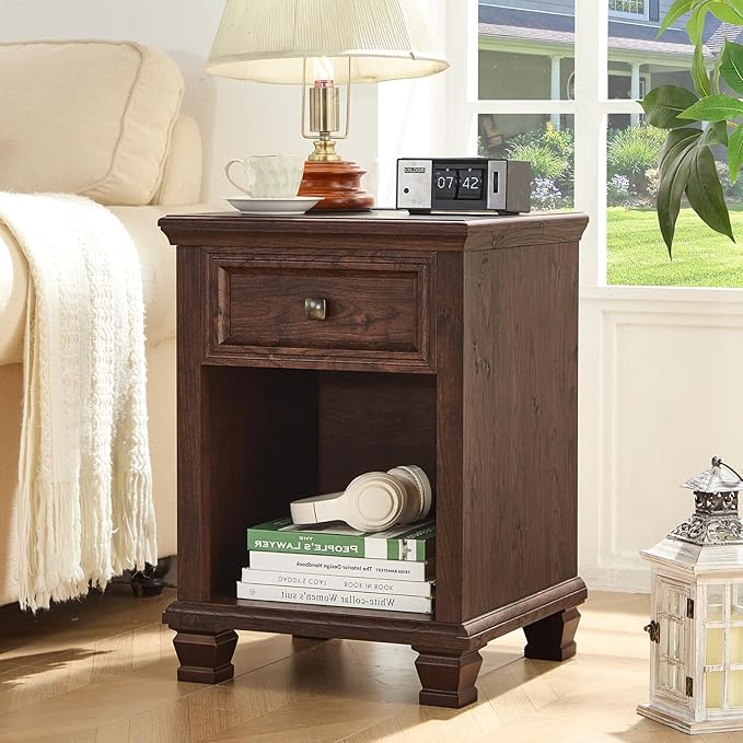 Farmhouse End Tables Living Room with Drawer, Rustic Wood Nightstand with Charging Station, Brown Bedside Table with Open Shelf for Bed Room, Living Room, Walnut