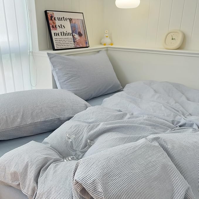 mixinni Blue Striped Duvet Cover Twin Size - 100% Washed Cotton Pinstripe Comforter Cover with Zipper Closure, Lightweight & Breathable, 3 Pieces Minimalist Stripes Pattern Printed Bedding Set