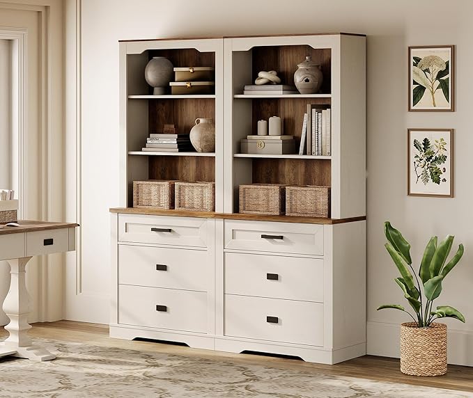 WAMPAT 2 Column 73.3" Tall Bookcase with Chest of Drawers, 63 inch Wide Standing Rustic Bookshelves, Modern Farmhouse Display Storage Cabinet with Adjustable Shelves,Antique White