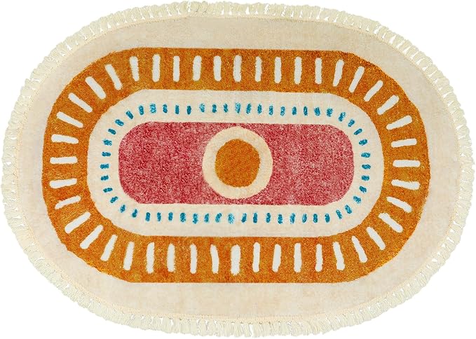 Lukinbox Boho Bathroom Rugs with Fringes, 2x3 Small Oval Washable Sun Area Rug for Bedroom, Ultra Soft Non-Slip Rainbow Throw Rug for Kids Room Nursery Entryway Kitchen
