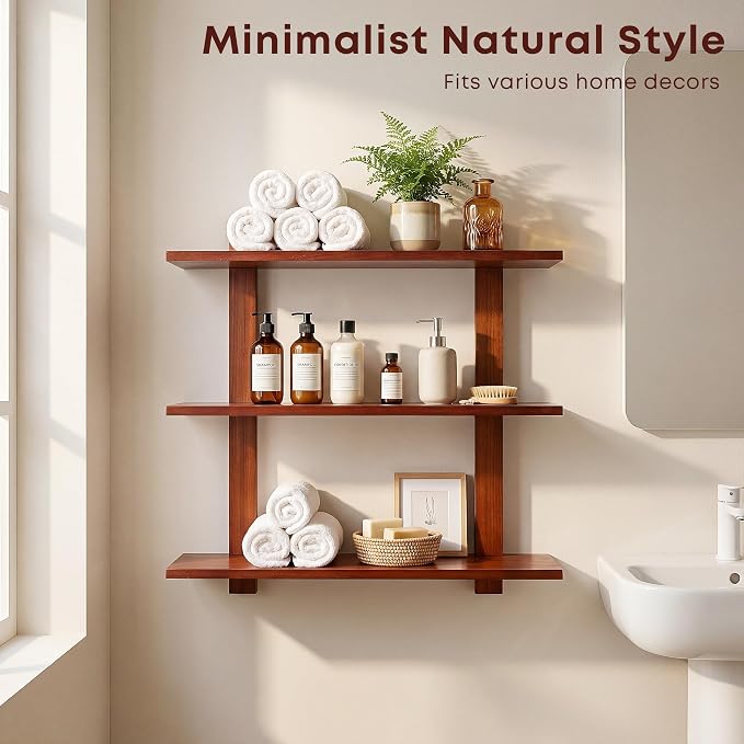 PHOENANCEE 3 Tier Floating Shelves,Long Wall Shelf,Over The Toilet Shelves Bathroom Hanging Display Storage Rustic for Living Room Bedroom Kitchen Office Coffee Bar Decor Decorative,24 Inch