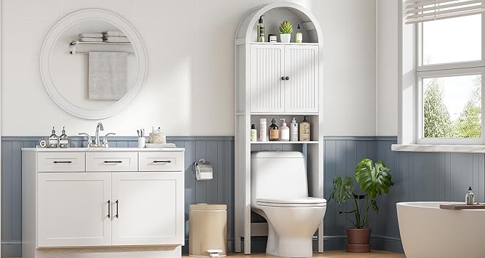 White Over The Toilet Storage Cabinet with Fluted Doors, Arched Bathroom Cabinet with Adjustable Shelf, 4 Tier Small Bathroom Shelf Organizer, Narrow Slim Toilet Rack, Wood, Anti-Tipping Device
