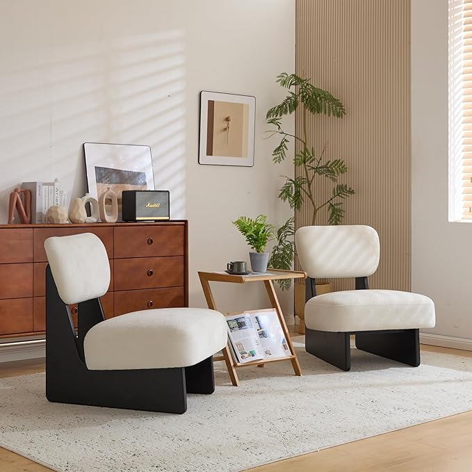 Accent Chairs Set of 2, Mid-Century Modern Chair with Polyester Upholstery, Wood Base with Walnut Finish, Minimalist and Stylish Accent Seating for Living Room, Bedroom, Balcony, Black