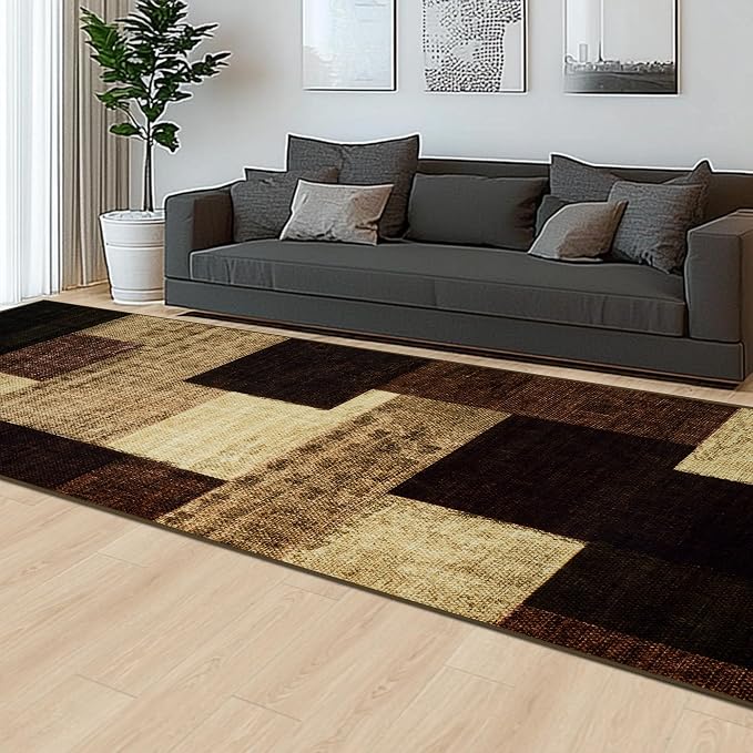 Modern Geometric Patchwork Indoor Runner Rug for Living Room, Warm Taupe 2.7'x 8' Rug Rockwood Collection Hardwood Floors Decor for Bedroom, Taupe Throw Carpet for Office Entryway Dining Room
