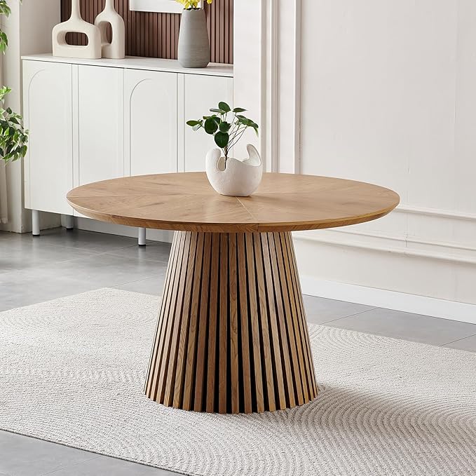 ODC 47" Modern Round Dining Table for 4, Natural Wood Grain Kitchen Table with Slatted Pedestal Base, Mid-Century Round Table for Dining Room, Small Dining Table for Kitchen & Home Office, Table Only