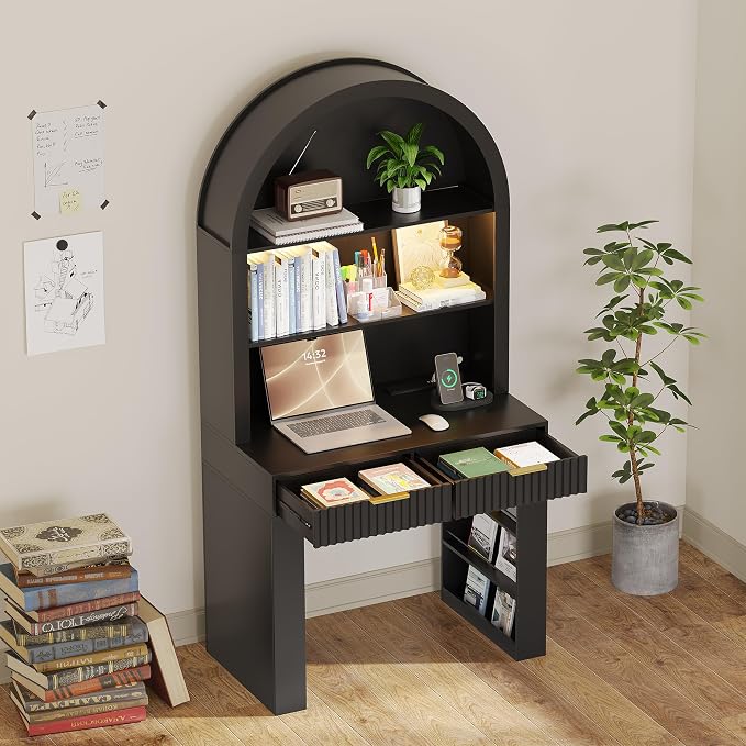 Arched Writing Desk with Hutch, Home Office Desk with 2 Drawers, Secretary Desk with Outlets, 3 Color LED Lights, Open Shelves, Computer Desk for Small Space, Bedroom 35.4" W x 70.8" H (Black)