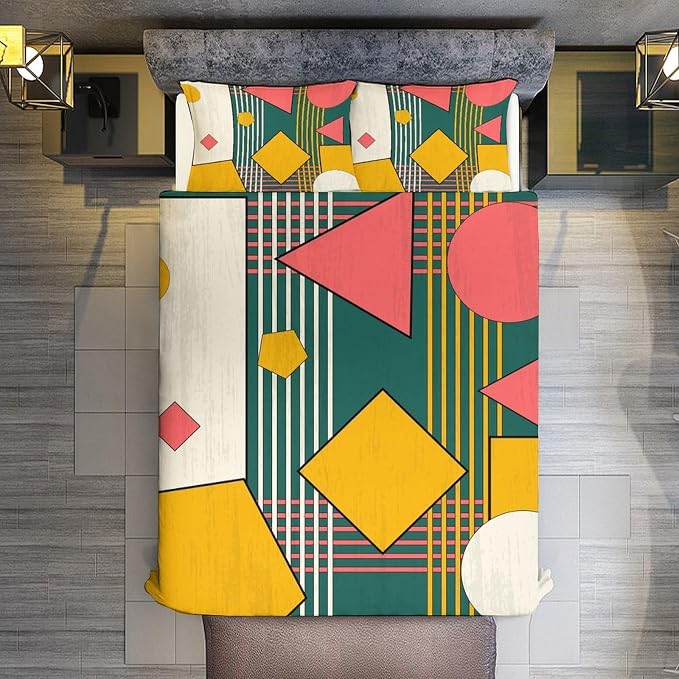 Colorful Aesthetic Comforter Cover Geometry Bed Set, Retro Atomic Duvet Cover，Modern Mid Century Bedding Sets，Aesthetic Abstract Art Bedding 3 Piece (1 Duvet Cover 79"x90" + 2 Pillow Sham 20"x30")