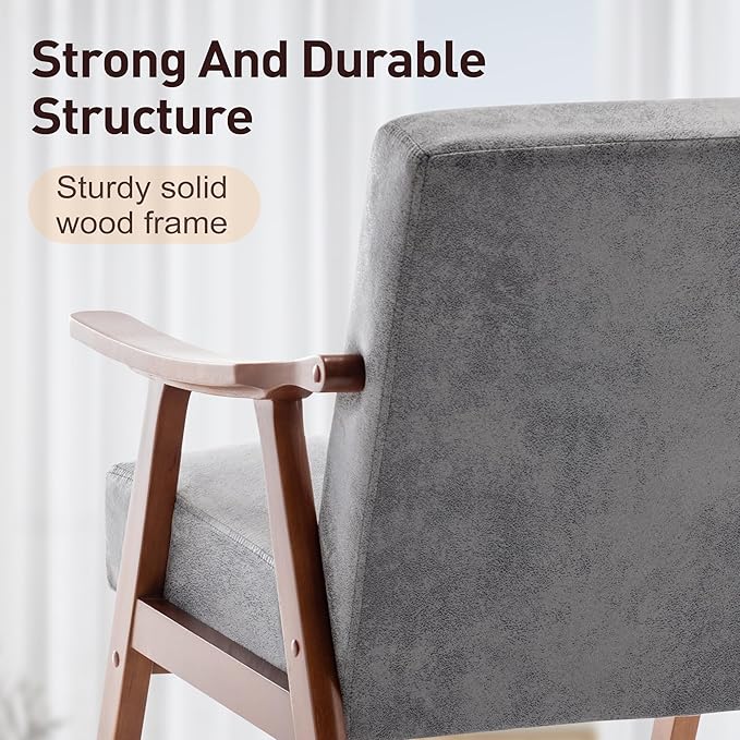 Furnimart Grey Accent Chair, Mid Century Modern Living Room Chair with Wood Frame, Comfy Armchair Wingback Chair for Office Study Vanity Bedroom Waiting Room