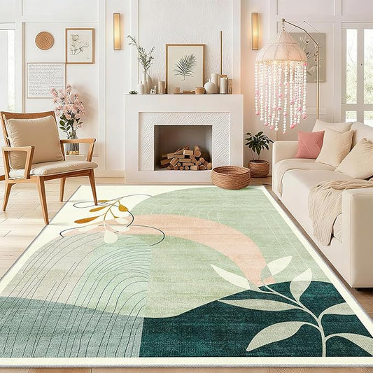 MUJOO Washable 8x10 Area Rugs for Living Room Bedroom Dining Room Large Boho Non Slip Carpet Indoor Mid Century Modern Abstract Botanical Geometric Green
