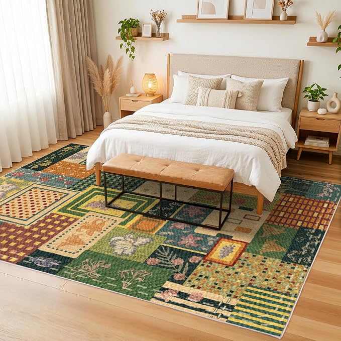 Flowers Patchwork Area Rugs for Living Room,Washable 5x7 Vintage Cottagecore Botanical Rug, Green Boho Carpet, Non-Slip Low Pile Rug for Bedroom Dining Room Office Home Hardwood Floor