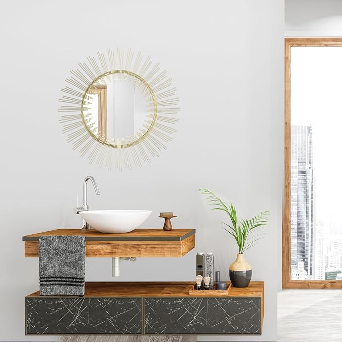 Edvivi Round 31" Antique Gold Sunburst Hanging Wall Mirror with Metal Frame, Decorative Mirror for the Living Room, Bedroom, Bathroom, Hallway, and Entryway