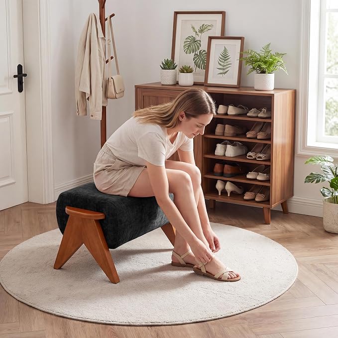 Linen Padded footstools Mid Century Modern Ottoman with Wood Frame, Lounge Upholstered Ottoman, Reading Chair, Sturdy Base, Suitable for Resting Your feet on a Lounge Chair Black