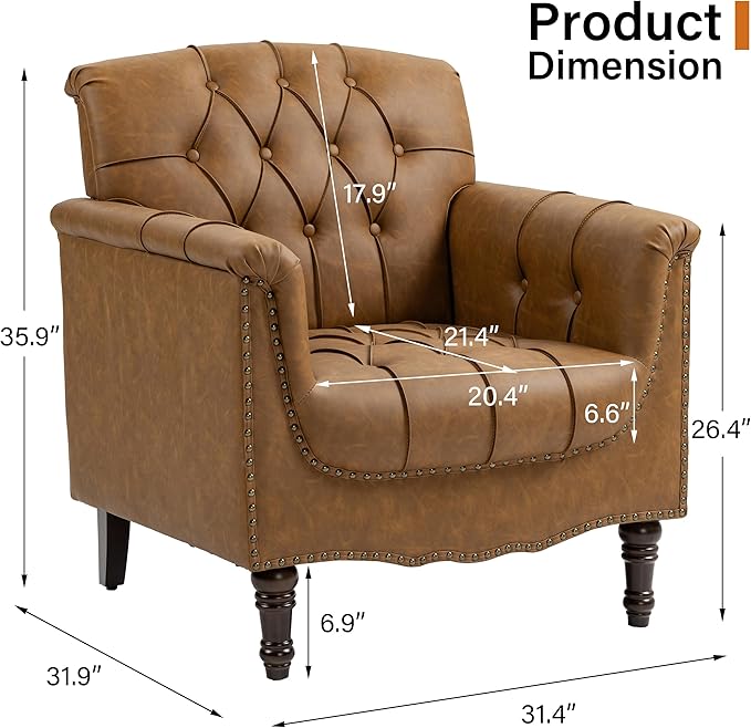 Faux Leather Club Chairs Set of 2, Retro Upholstered Armchair Accent Chair with Solid Wood Legs & Nailhead Trim for Living Room/Reading Room, Camel