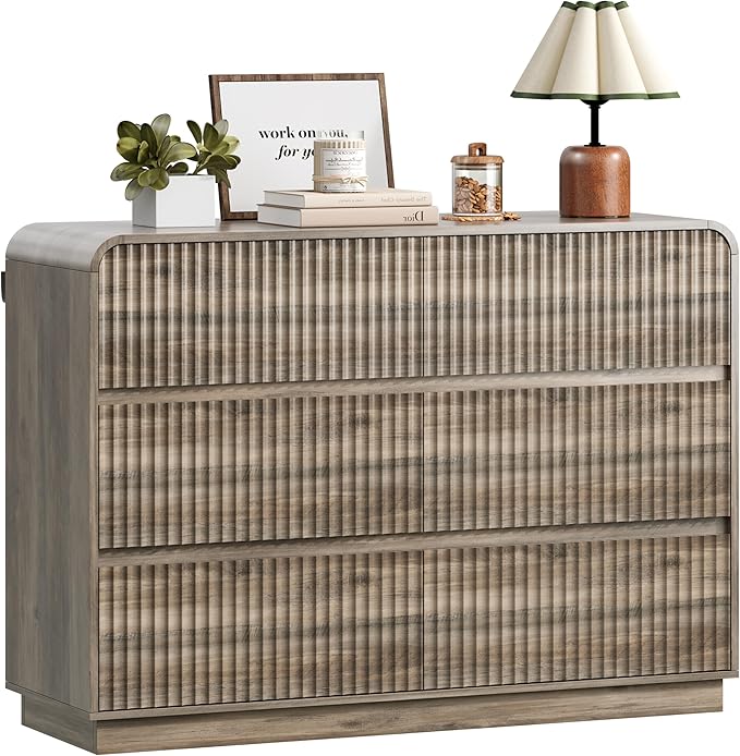Grey Dresser Fluted 6 Drawers Dresser for Bedroom, 47" Wide Wood Chest of Drawers with Hidden Handles & Rounded Corners, Modern TV Stand Storage Cabinet for Living Room, Hallway, Entryway