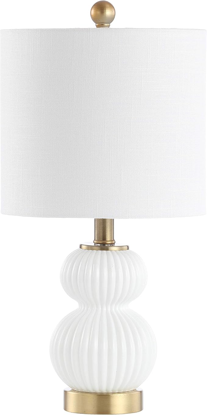 JONATHAN Y 20" White/Brass Gold Ribbed Gourd Glass Table Lamp, Modern Bedside Lamp for Bedroom Living Room, White Linen Drum Shade, LED Bulb Included JYL1099A