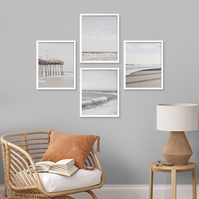 SIGNWIN Framed White Minimalist California Ocean Beach Seashore Pier Wall Art, Set of 4 Landscape Colorful Wall Decor Prints, Nature Wilderness Wall Décor for Living Room, Bedroom - 8"x10" White