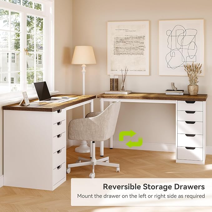 LITTLE TREE Computer Desk with 5 Drawers, 47 Inch Modern Simple Study Writing Desk with Metal Frame, Work Desk for Home Office, Rustic Brown and White