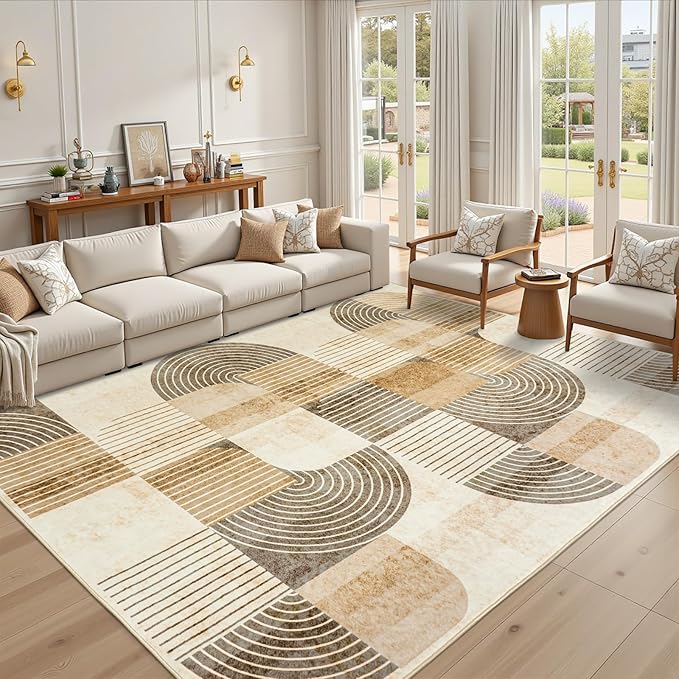 Area Rugs 9x12 Living Room-Washable Modern Geometric Neutral Beige Rug for Bedroom, Non-Slip Indoor Floor Abstract Carpet for Dining Room Nursery Office Home Decor