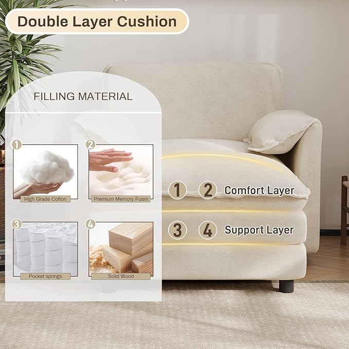 Oversized Chaise Lounge Chair Indoor with Ottoman, Firm Solid Wood Frame with Long Service Life Chenille Oversized Lounge Reading Chair for Study Room - Beige White