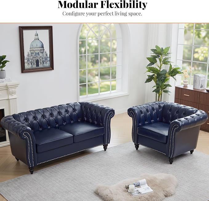 LEVNARY Chesterfield Armchair, Tufted Leather Accent Chair, Mid-Century Modern Single Chair with Rolled Arms and Nailhead Trim, PU Leather Reading Chair for Living Room (Blue)