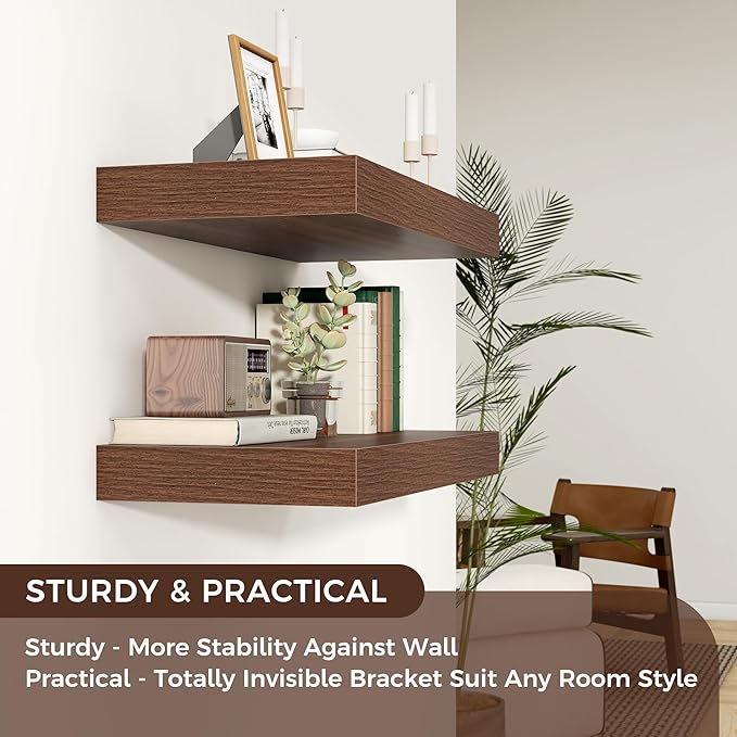 Floating Shelves for Wall, 36" W x 12" D x 2" H, 2 Pack of Long Wall Mounted Engineered Wood Shelves with Invisible Brackets for Living Room, Bedroom, Bathroom, Kitchen Decor, Walnut