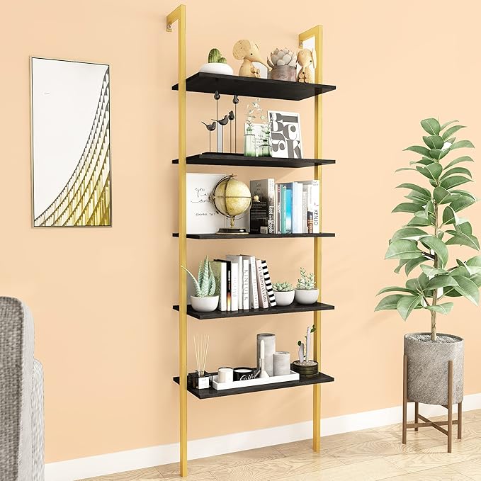 Modern Trapezoid Open Shelving Unit - 5-Tier, Wall-Mounted, High-Strength MDF & Metal