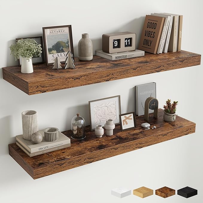 Floating Shelves for Wall, 40 Inch Floating Shelf for Home Decor, Wall Mounted Rustic Wood Shelves 12 Inch Deep, Hanging Deep Shelf for Bedroom, Living Room, Kitchen, Rustic Brown, Set of 2
