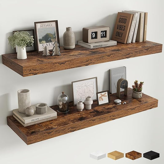 Floating Shelves for Wall, 40 Inch Floating Shelf for Home Decor, Wall Mounted Rustic Wood Shelves 12 Inch Deep, Hanging Deep Shelf for Bedroom, Living Room, Kitchen, Rustic Brown, Set of 2