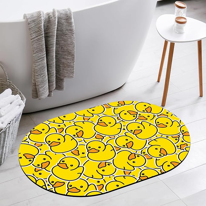 Oval Bath Mat Cute Cartoon Ducks Diatomaceous Mud Mats with Rubber Backing Ultra Soft Washable 23.6"×15.7" Quick Dry Thin Bath Rugs for Bathroom Floor Bathtub Vanity Easy Care