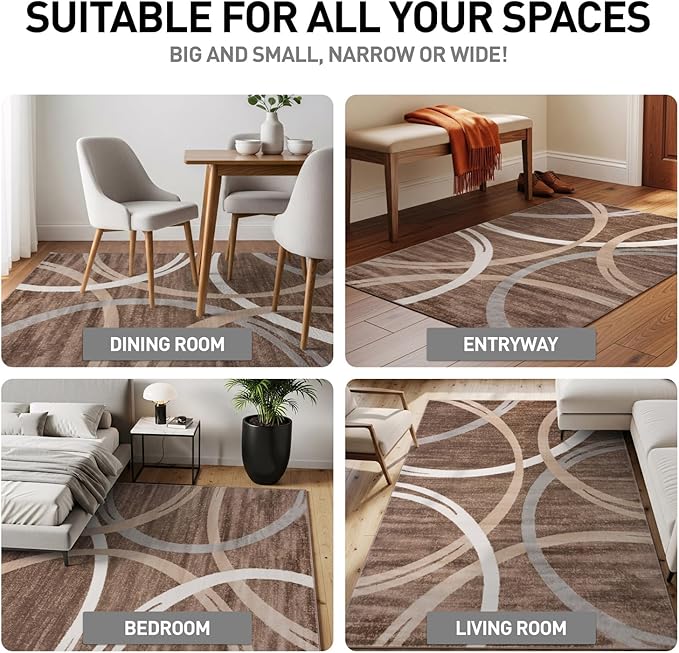 Rugshop Modern Wavy Circles Design Area Rug, Fade-Resistant Carpet for Living Room, Bedroom, or Office, Brown, 5'3" x 7'3"