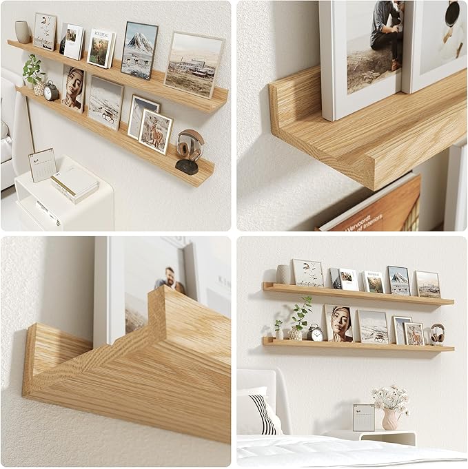 Vivelove Oak Picture Ledge Shelf,Floating Wall Mounted Shelves, Black Shelves for Wall Decor, Modern Picture Ledge Shelf with Lip for Storage, Bedroom, Living Room, Bathroom,Nursery Display
