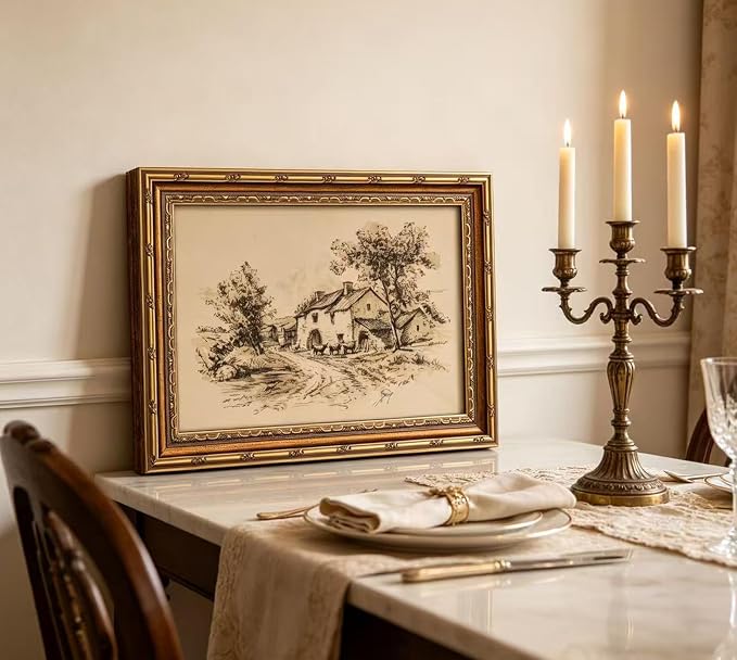 Vintage Gold Framed Black and White Sketch Wall Art French Cafe Sketch Canvas Prints Retro Paris City Landscape Poster Artwork French Bistro Wall Decor for Dining Room Kitchen Urban Decor12x16in