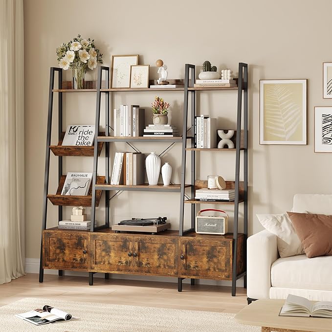 kepptory Large Ladder Bookshelf with 3 Storage Cabinets, Triple Wide 4-Tier Open Bookcase with Storage for Living Room, Bedroom, Home Office, Rustic Brown