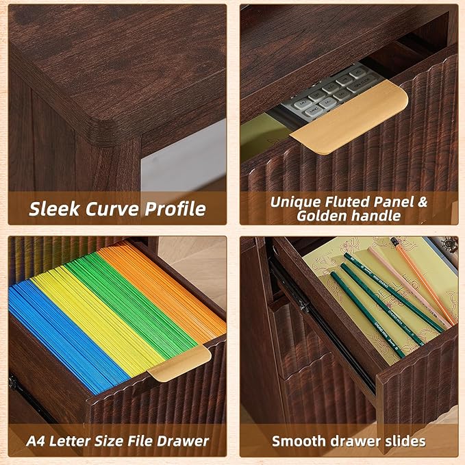 LEYAOYAO Office Desk 48" with 3 Drawers Storage File Cabinet Wood Fluted Desk for Computer Office Bedroom Home Furniture Walnut