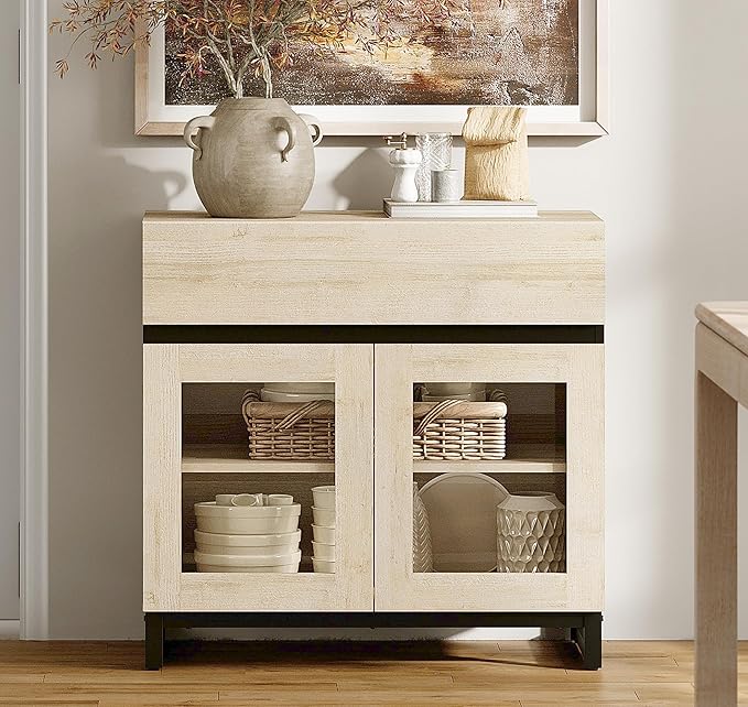 WAMPAT Sideboard Buffet Cabinets with Glass Doors and Drawer, Modern Sideboard Credenza with Adjustable Shelf, Coffee Bar Storage Cabinet for Living Room, Kitchen, Light Oak
