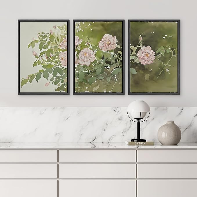 wall26 Framed Print Wall Art Set Blush Pink Rose Garden Botanical Decorative Minimal Relax/Zen for Living Room, Bedroom, Office - 24"x36"x3 Black