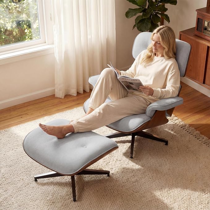 Chaise Lounge Chair with Ottoman, Top Black Grain Leather Recliner Chair, Modern Classic Office Chair with Ergonomic Lumbar Support, Heavy Duty Base Support for Bedroom Living Room Office (Grey)