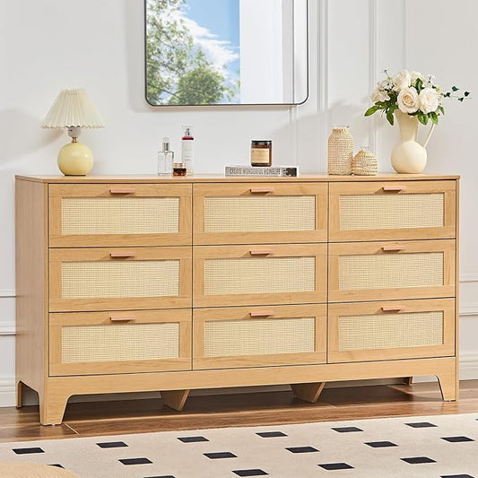 Dresser for Bedroom with 9 Drawers – Wide Chest of Drawers with Pulls Handles, Solid Wood Legs, Easy Assembly, Farmhouse Tall Dressers for Closet, Living Room,Hallway and Entryway Natural oak