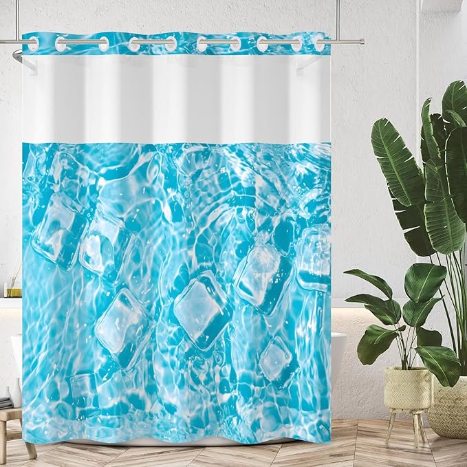 Blue Shower Curtain with Snap in Liner Water Pattern with Ice Cubes Summer Cool No Hook Shower Curtains with Mesh Polyester Fabric Waterproof Bathroom Curtain Set 71x74 Inch