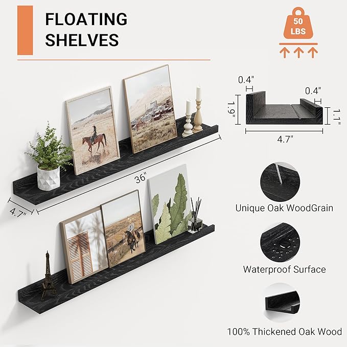Vivelove Floating Shelves Wall Mounted Set of 2, Modern Black Wall Shelves for Storage with Lip, Display Picture Ledge Shelf for Bedroom Kitchen Bathroom Living Room Nursery Display