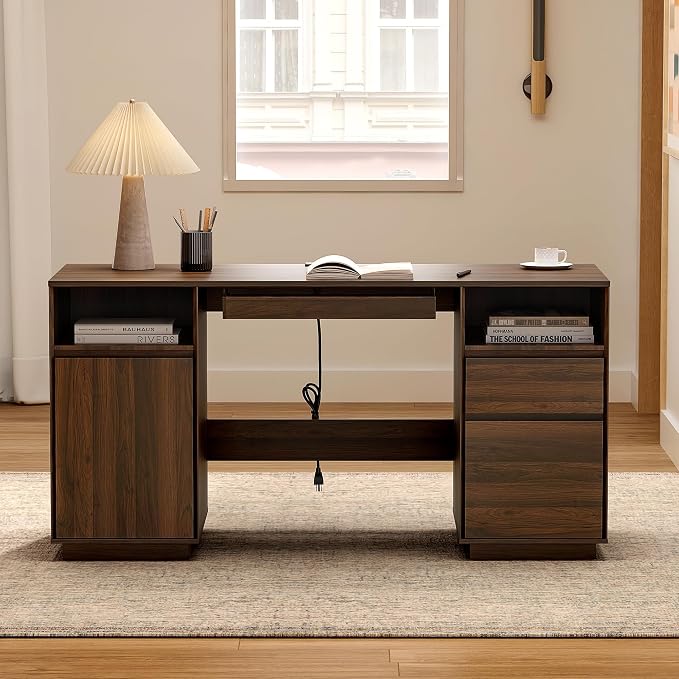 EYYTHUNG 59" Office Desk, Farmhouse Wide Home Executive Desk with File Drawer & Open Storage & Power Outlet, Wooden Computer Desk for Study Writing, Brown