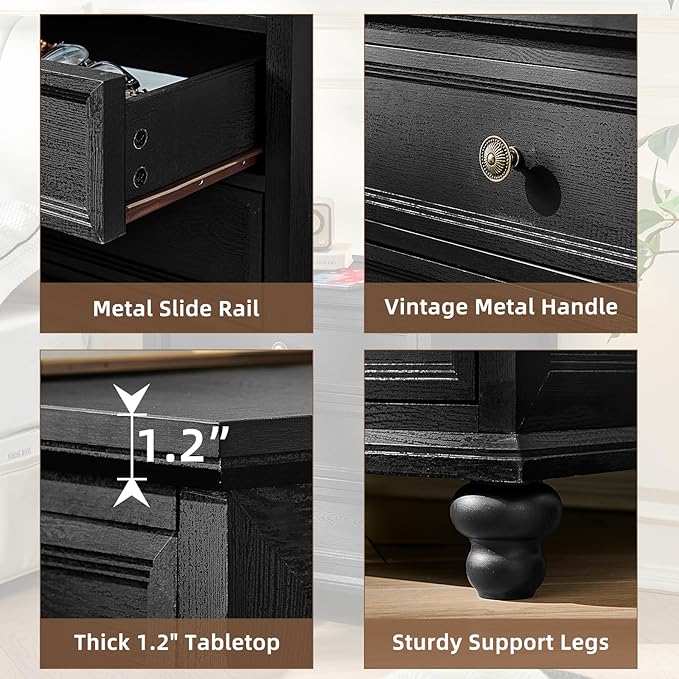 Farmhouse Nightstand Set of 2 with Charging Station, 24" Wide End Table with 3 Drawers,Dresser for Bedroom,Bed Side Table Chest of Drawers Cabinet,Wood Black Night Stand for Living Room