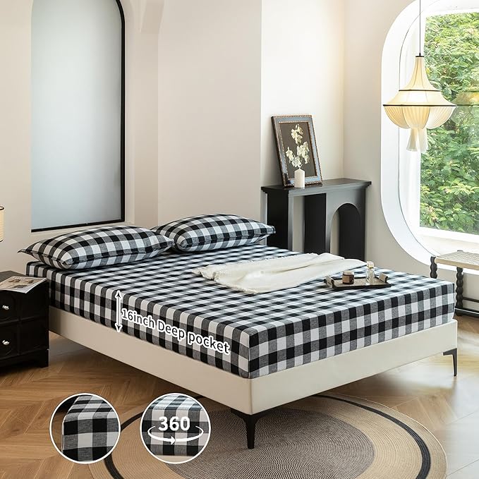 EVERLY Linen Sheets California King Size,100% French Stonewash Linen Sheets Set,4Pieces (1Flat Sheet,1Fitted Sheet,2Pillowcase) Suitable for Hot Sleepers,Deep Pocket Natural Bedding Set-Black Plaid