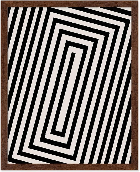 Poster Master Rectangle Tunnel Poster - Angular Swirl Print - Geometric Design - Abstract Design - Japanese Ink Art - Mid Century Modern Illustration - Living Room Decor - 11x14 Brown Framed