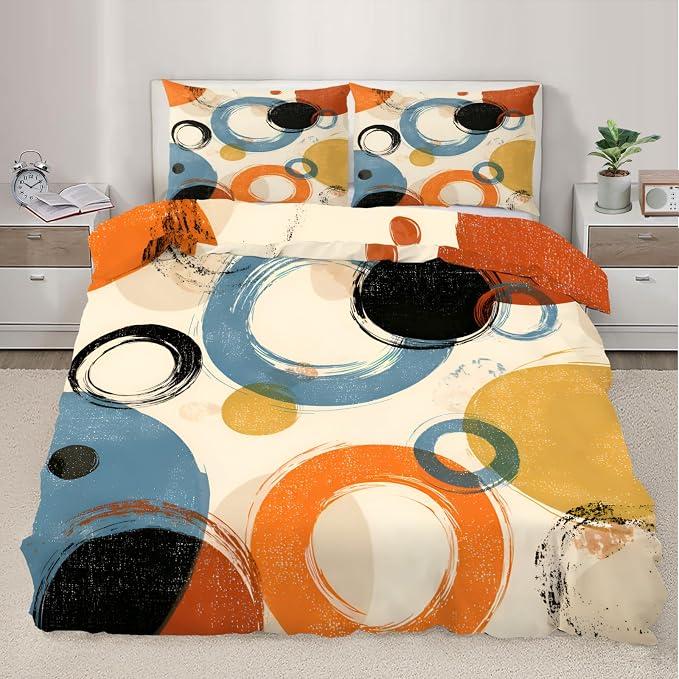 Retro Dirt Duvet Cover Queen Size, Abstract Circle Geometry Art Bedding Set 3 Piece Bedroom Decor Farmhouse Comforter Cover with Zipper Ties & 2 Pillowcases
