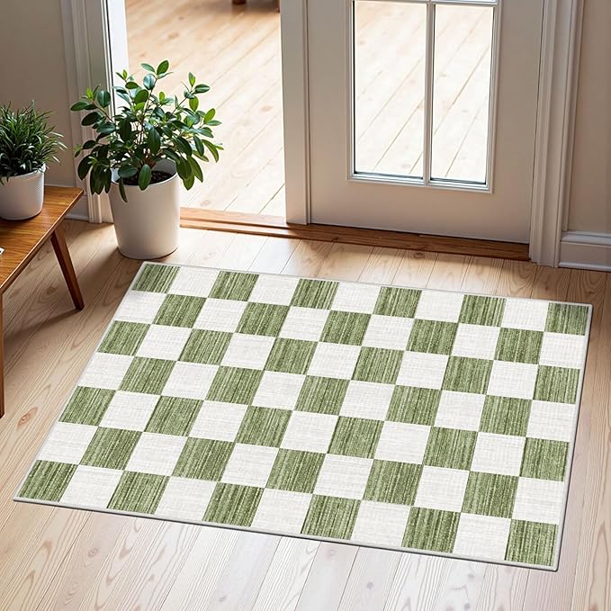 Front Door Mat Outside Entrance - 2x3 Green White Non-Slip Washable Doormat Indoor Outdoor Mat Entry Rug Geometric Checkered Small Layered Area Rug for Entryway Kitchen Front Porch Decor