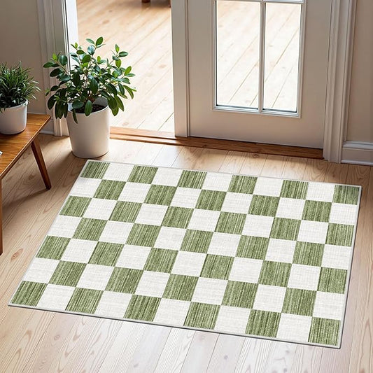 Front Door Mat Outside Entrance - 2x3 Green White Non-Slip Washable Doormat Indoor Outdoor Mat Entry Rug Geometric Checkered Small Layered Area Rug for Entryway Kitchen Front Porch Decor